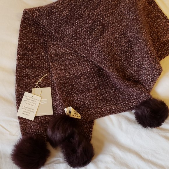 NWT UGG Quatro Pom Cashmere Scarf - Port Heather - Picture 4 of 4